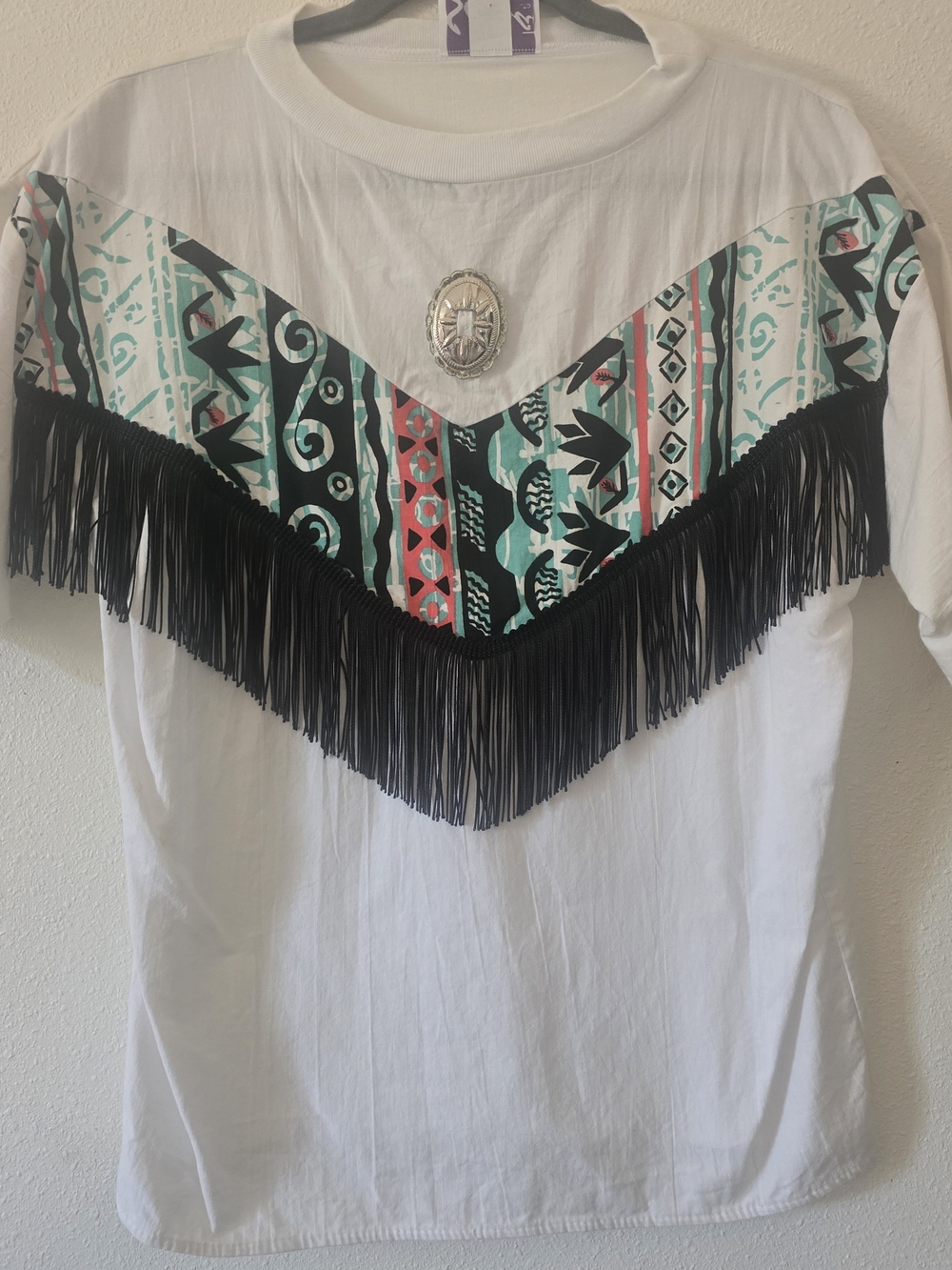 Vintage Women’s Western White Fringe Aztec Print Top Sz Small
